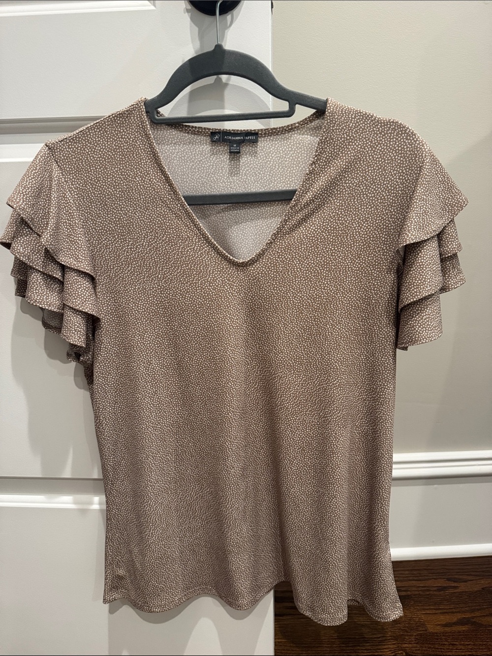Adrianna Papell Taupe Microdot V-Neck Ruffle Sleeve Blouse